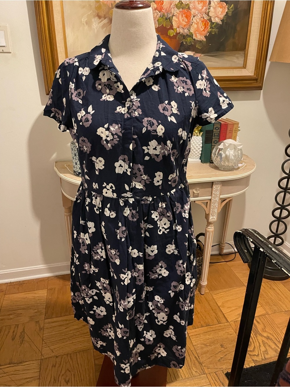 TU Navy Floral Shirt Dress UK 14 US 10 Short Sleeve Midi